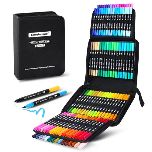 Tongfushop Marcadores Lettering de 120 cores, ponta dupla e pincel, kit de marcadores aguarela para meninas, crianças, adultos, iniciantes, caligrafia e Bullet Journal