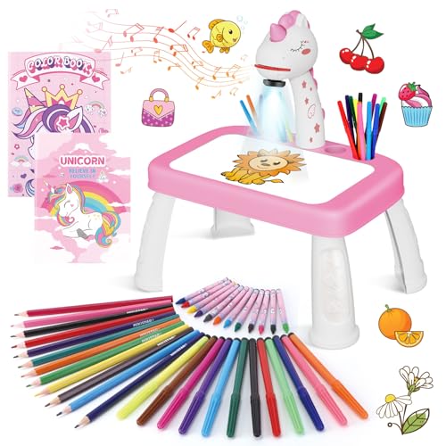 Unicórnios para meninas projetor desenhos para crianças com 72 motivos presente menina 3 4 5 6 anos brinquedos crianças brinquedos jogos com lápis coloridos, álbum de recortes, livro de autocolantes