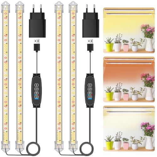 2 pacotes de 2 barras de luz para cultivo de plantas, candeeiro de luz solar de espectro completo com temporizador 3/9/12H, 10 níveis reguláveis para suculentas, prateleira para plantas, sob armário
