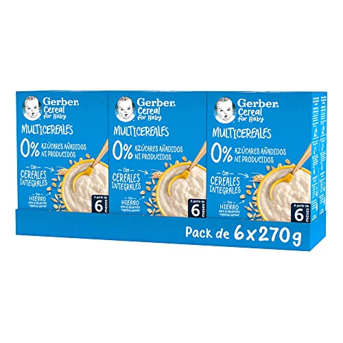 GERBER Multicereais 0% 0%, papa de cereais para bebés, embalagem 6 x 270 g, a partir de 6 meses