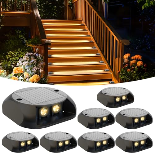 Quntis Luz solar para escadas exteriores 8 peças, 3000 K luz solar exterior jardim chão IP65 impermeável, candeeiro solar para jardim cobertura pátio, terraço, cano quente, branco quente