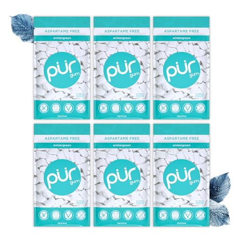 PUR Gum Maquete sem açúcar | com Xilitol | vegano, sem aspartamo e sem glúten, pastilha natural com sabor a Wintergreen, 55 peças, embalagem de 6 unidades