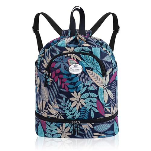 HUA ANGEL Mochila desportiva com cordão leve Gymsack mala de cordas com muitos bolsos mochila mulher homem de viagem para praia piscina basquetebol futebol andebol, Folha de acer azul, Mochila