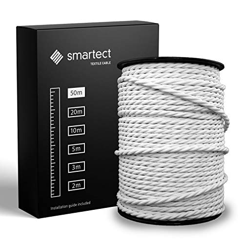 smartect Cabo têxtil entrançado em cor branca, cabo elétrico de 3 fios de 50 metros (3 x 0,75 mm²) corda para candeeiro com revestimento têxtil para o seu projeto DIY