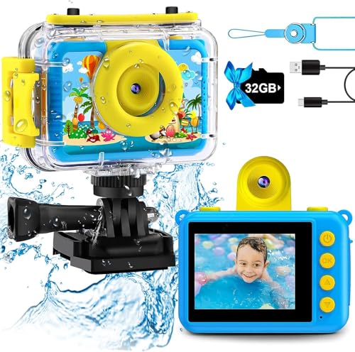 GKTZ Câmara de fotos infantil impermeável, câmara de vídeo de ação submarina infantil, presente de aniversário para meninos e meninas de 3 4 5 6 7 8 9 10 11 12 Anos (azul)