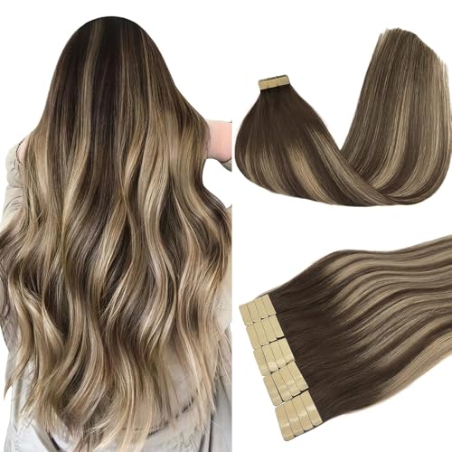 DOORES Adesivos para cabelo extensões, Balayage castanho chocolate a loiro mel 50 cm 20 polegadas 50 g 20 peças, Remy Tape in Hair Extensões naturais Remy liso extensões