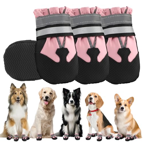 QKURT 4 peças protetor da pata das botas do cão, botas para cães, sapatos impermeáveis para cães com correias refletoras, lavável ajustável antiderrapante sapatos de cão para pequeno