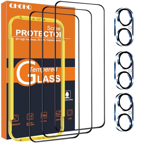 QHOHQ Protetor de ecrã para iPhone 16 protetor de câmera, grau militar implacável, [cobertura total de proteção], Super Top 9H vidro temperado, com moldura de montagem simples [3 peças]