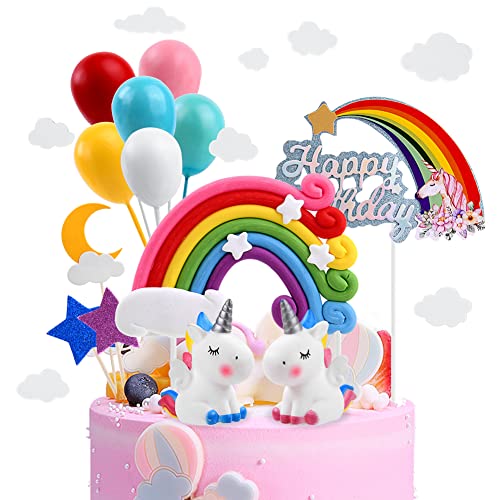 OSDUE Decoração para bolos, 21 peças decoração para bolos de aniversário, unicórnio Happy Birthday balões arco-íris estrela Cake Topper decorar, meninos e meninas, ornamento de bolo de bricolage