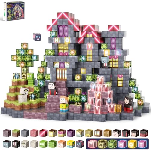 Blocos de construção magnéticos 198 peças, brinquedo Stem sensor sensor sensor para crianças 5 anos, conjunto de construção criativa blocos magnéticos LED com mudança de cor, presente para meninos e