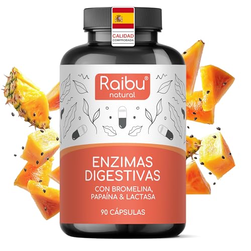 Enzimas Digestivas - Bromelina, papaína, protease, amilase, lipase, lactase e probióticos, 90 cápsulas de alta concentração - Enzimas Digestivas poderosas e testadas em laboratório - Raibu