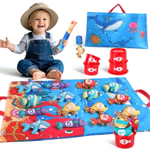 jerryvon Brinquedos crianças 1 ano - jogo pesca Montessori educativos 1 ano bebé 6-12 meses presentes menina para aniversário, Páscoa (tecido de 15 peixes, baldes empilháveis, saco)