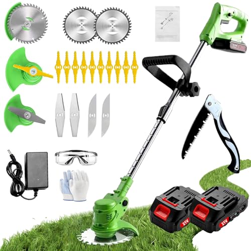Desboçador de bateria, máquina de barbear elétrica com lâmina, corta-raios bateria com 2 baterias de lítio de 21 V, comprimento ajustável, adequado para relvas e jardins de pequeno e médio, máquina de