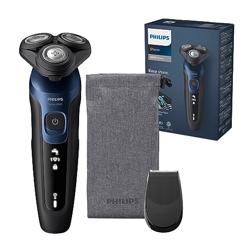 Philips Série 5000 máquina de barbear elétrica para homem, máquina de barbear com aparador, 27 lâminas, cabeça flexível de 360º, 50 min de uso, seco e húmido, recarregável, capa, S5465/18, azul metal