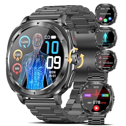 Relógio inteligente com ECG//HRV/ácido úrico/lípido/BMI/pressão arterial/temperatura corporal, 1,43" AMOLED saúde Smartwatch com NFC abre a porta, botão SUS, sonho para Android iOS