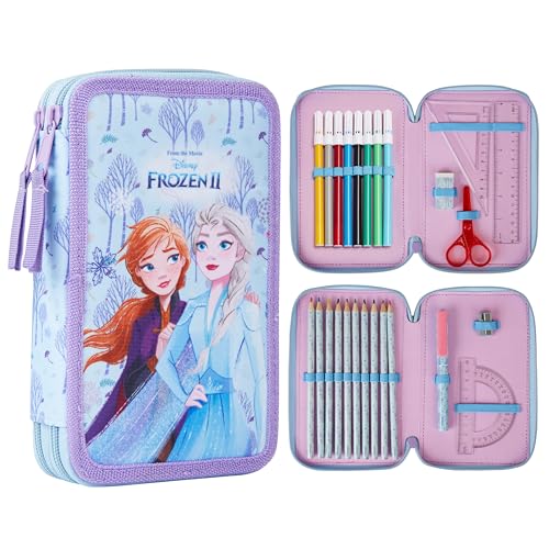 Disney Estojo de lápis com papelaria para meninas, estojos escolares, lápis de cor, marcadores (Frozen fecho de correr duplo)