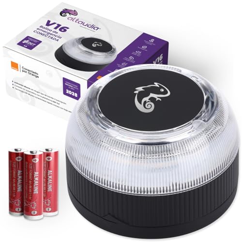 Altaudia Luz de emergência v16 geolocalizada e conectada DGT 3.0 - obrigatória desde janeiro 2026, farol homologado automóvel, visível 1 km-360°, resistente à água, pilhas incluídas, dados até 2038