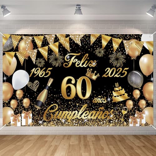 Bancarta feliz aniversário 60 anos 1965-2025, Seutgjie Happy Birthday decoração para mulher homem para festa de aniversário 60 ouro preto 180 x 110 cm