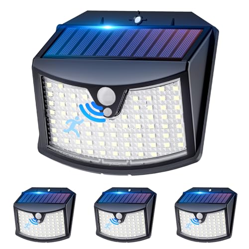 Giliwosy Luz solar exterior, 4 pacotes/3 modos IP65 impermeável holofotes LED exteriores solares com sensor de movimento, luzes solares LED jardim para garagem caminhos portas (branco frio)