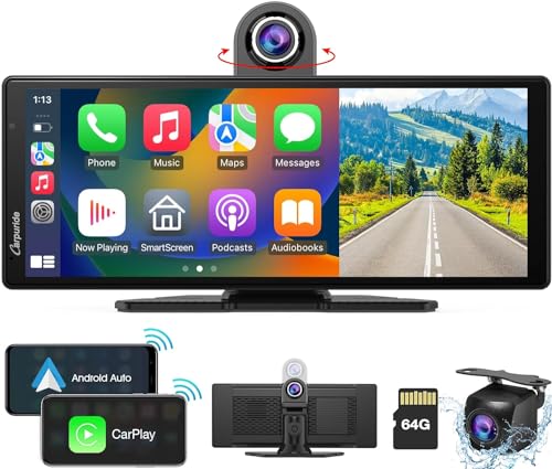 Carpuride W903 Rádio automático sem fios Carplay & Android com câmara de placa 4K, câmara de marcha traseira, ecrã tátil portátil IPS de 9,3", recetor de rádio com espelho, Bluetooth, navegação