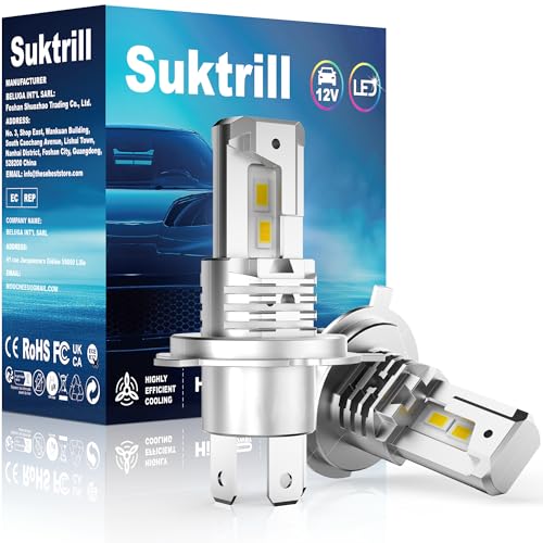 Suktrill Lâmpadas h4 led 20000lm 12 V 6000 k branco, carro e motocicleta, muito compacto sem ventilador, halogéneo 1:1, conjunto de 2, luzes longas e curtas, incompatível com o CANbus anti-erro.