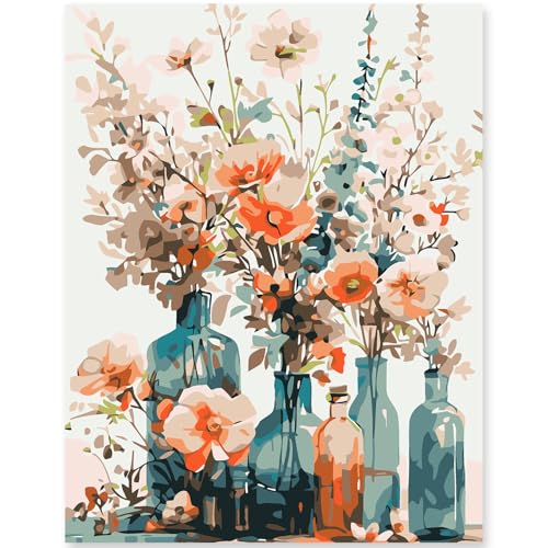 EFOTIML Kit de pintura por números para adultos iniciantes e crianças 8-12, 1 peça 16 x 20 canais para kits de pintura para adultos em caixa colorida (sem moldura) - folhas de eucalipto flores