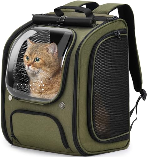 Pecute Mochila transportadora para gatos com bolha - espaço amplo e estável, viseira respirável, ideal para viagens, caminhadas, escalada, visitas ao veterinário com animais de estimação, verde