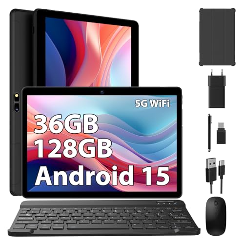 FASTWD Android 15 Tablet 10 polegadas tablet 5G WiFi, 36 GB RAM+128 GB ROM/8000 mAh/BT 5.0/TÜV/USB-C Tablet com teclado rato capa, Nero