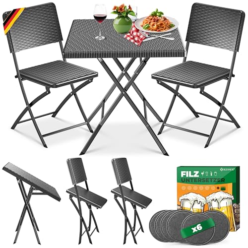 KESSER® Conjunto de móveis de varanda de 3 peças com 2 cadeiras, resistente às intempéries e aos raios UV, conjunto de assentos dobráveis, aço revestido e aparência de vime, conjunto de móveis de