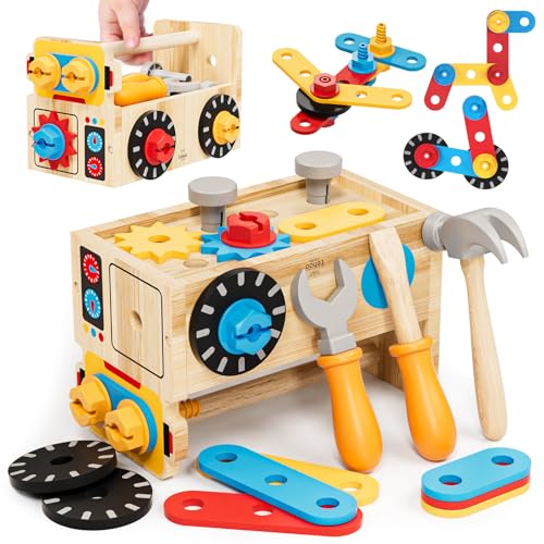 Lehoo Castle Caixa ferramentas brinquedos caixa artesanato ferramentas bricolage brinquedos crianças 2 3 4 5 anos montessori, 29 peças conjuntos de construção de madeira jogos educativos