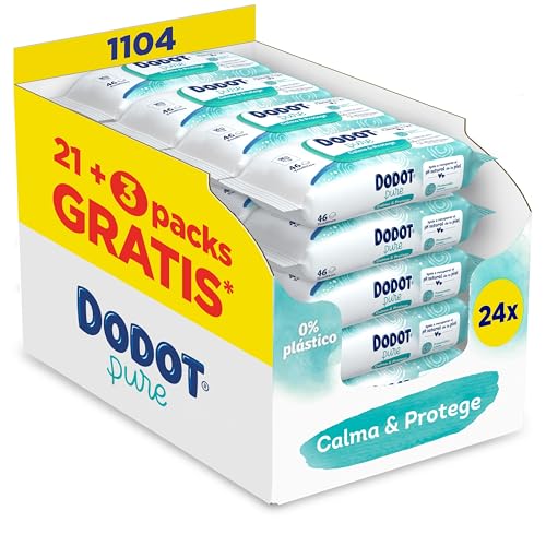 Dodot Toalhetes Pure calalma e protege para bebé 24 pacotes de 46 unidades = 1104 toalhetes, ajudam a restaurar o pH natural da pele, uma gota de aloé vera