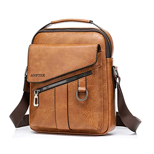 ANPTER Bolsa de ombro homem mala de ombro pequena carteira cruzada mala de negócios mão malas de trabalho telefone carteira para viagens, compras, Castanho bolsa de ombro homem couro, Retrô