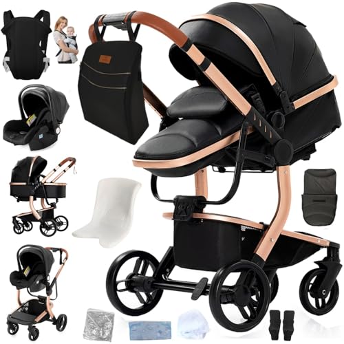 Carrinho de bebé 3 em 1, de 0 a 4 anos, dobrável, compacto e reclinável, com assento de carro conversível, acessórios: inclui bolsa para mãe e porta-bebés (preto)