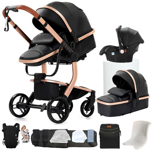 NADDLILY Carrinho de couro PU para bebé 3 em 1, carrinho de bebé com design portátil dobrável de um clique, carrinho de bebé 3 peças com empurrão reversível bidirecional, carrinho de bebé de 3 peças