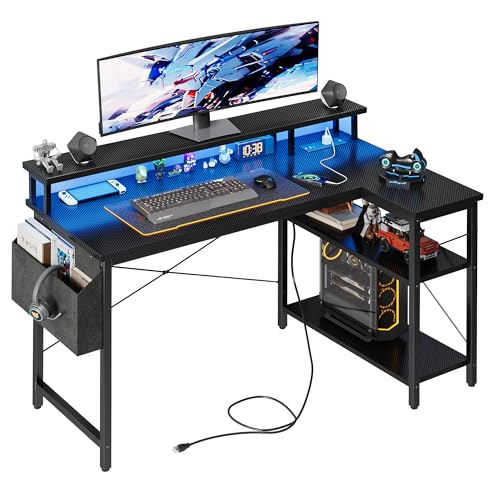 Grandder 120 cm, mesa L com luzes LED e tomadas, mesa de jogo com 2 prateleiras, mesa de computador com suporte para monitor, Home Office, preto carvão