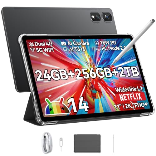 Blackview Android 14 Tablet Tab16Pro, 16 GB RAM 256 GB ROM/1TB TF Gaming Tablets de 11 polegadas, 4G LTE 5G WiFi/8 MP + 13 MP câmera/Widevine L1/Face ID/7700 mAh 18 W/2024 Octa Tablet núcleo. Com