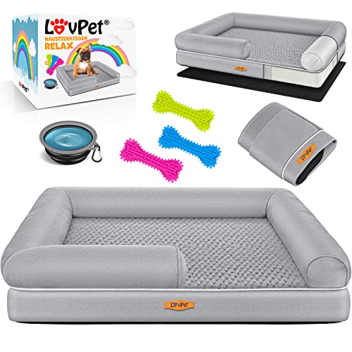 Lovpet® Cama ortopédica para cães, almofada para cães, cesta para cães Relax, inclui comedouro de 3 ossos para mastigar, sofá para cães pequenos, médios e grandes, capa removível e lavável
