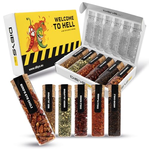 DIBYS WELCOME TO HELL Conjunto de presente de pimentos picantes | 6 especiarias picantes com cartões de receitas incluídas, conjunto de especiarias com flocos do Chile, largo do Chile, Bird's Eye
