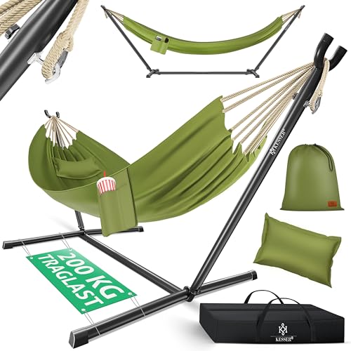 KESSER® Rede de rede Lake com estrutura dupla para 2 pessoas, resistente estrutura 200 kg capacidade interior e exterior XXL balanço duplo multiplayer jardim piscina varanda terraço, caqui