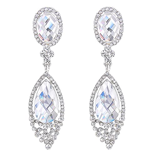 Clearine Brincos de clipe compridos para mulher candelabro de lágrima de vidro para festa de casamento pinças para orelhas pendentes em mulheres sem brincos perfurados preto