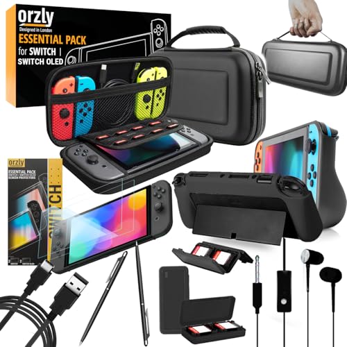 Orzly PACK ESENCIAL de Accesorios para Nintendo Switch [Incluye: Protectores de Pantalla, Cable USB, Funda para Consola, Estuche Tarjetas de Juego, Funda Comfort Grip, Auriculares] – NEGRO
