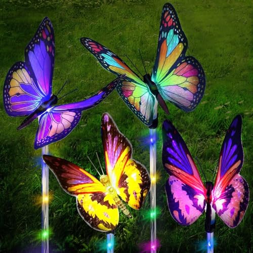 SOLARBABY Luzes solares para exterior jardim, 4 peças multicoloridas LED luzes solares de borboleta, solares exterior impermeável IP65 candeeiros solares para decoração de jardim iluminação de