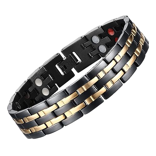 JFUME Pulseiras magnéticas para homem banhadas a ouro de 18 k, banhado a preto, banhado a azul com elementos 4 em 1, ferramenta de extração de elos incluída, 20,5 cm