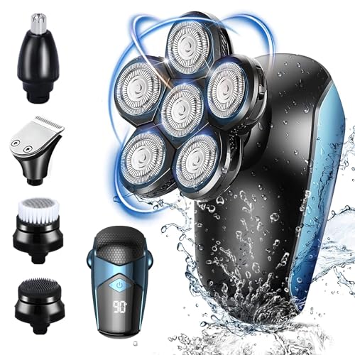 Máquina de barbear elétrica cabeça para homem, máquina de barbear para homem, máquina de barbear cabeça barba homem carvo com 6 cabeças rotativa, uso húmido e seco, impermeável USB recarregável para