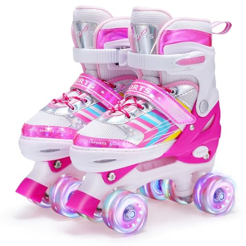 Patins de 4 rodas para meninas, patins para crianças com rodas de iluminação Roller Quad ajustáveis para meninas e meninos iniciantes