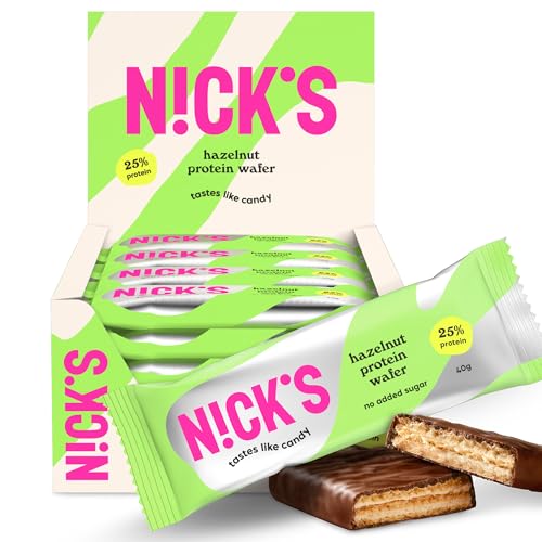 NICKS Protein wafer avelã 25% de proteína, 203 calorias, barras protetoras bolacha chocolate sem açúcar adicionado Low Carb Snack Bar sem glúten (24 x 40 g)