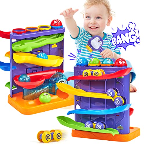 hahaland Brinquedos crianças 1 ano, 2 em 1 golpe de bolas e carro de corridas Set Montessori brinquedos crianças 2 3 anos, jogo de golpeia e roda brinquedo educativo presentes para crianças 1 2 3 anos