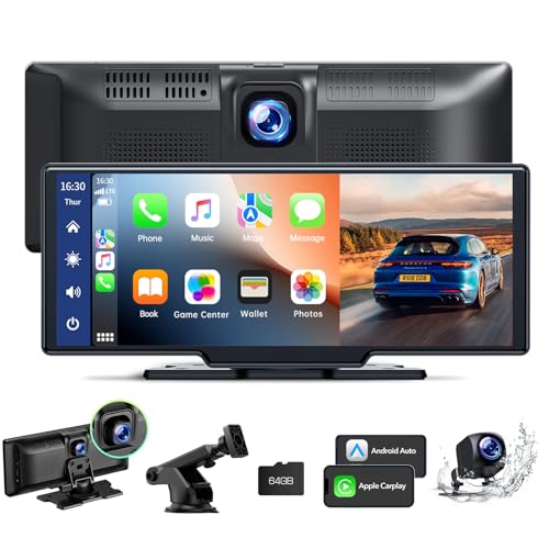 LAMTTO Sem fios Carplay rádio carro, 9,26 polegadas portátil A-pple Carplay Android rádio de carro automático com Dash CAM frontal e traseira 2,5 K + 1080P, com Mirror