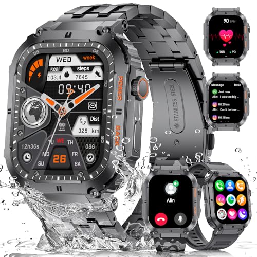ESFOE Relógio inteligente homem (3 correias), 1,96'' 400 mAh Smartwatch homem com chamada Bluetooth, IP68 impermeável, corpo metálico de aço inoxidável, 100 desportos militares Smart Watch para