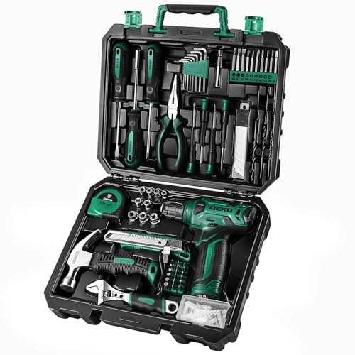 DEKO Caixa de ferramentas completa com chave de fenda elétrica/broca com bateria de 8 V, mala de 126 peças, caixa profissional de ferramentas domésticas de bricolage para escritórios e jardim, verde
